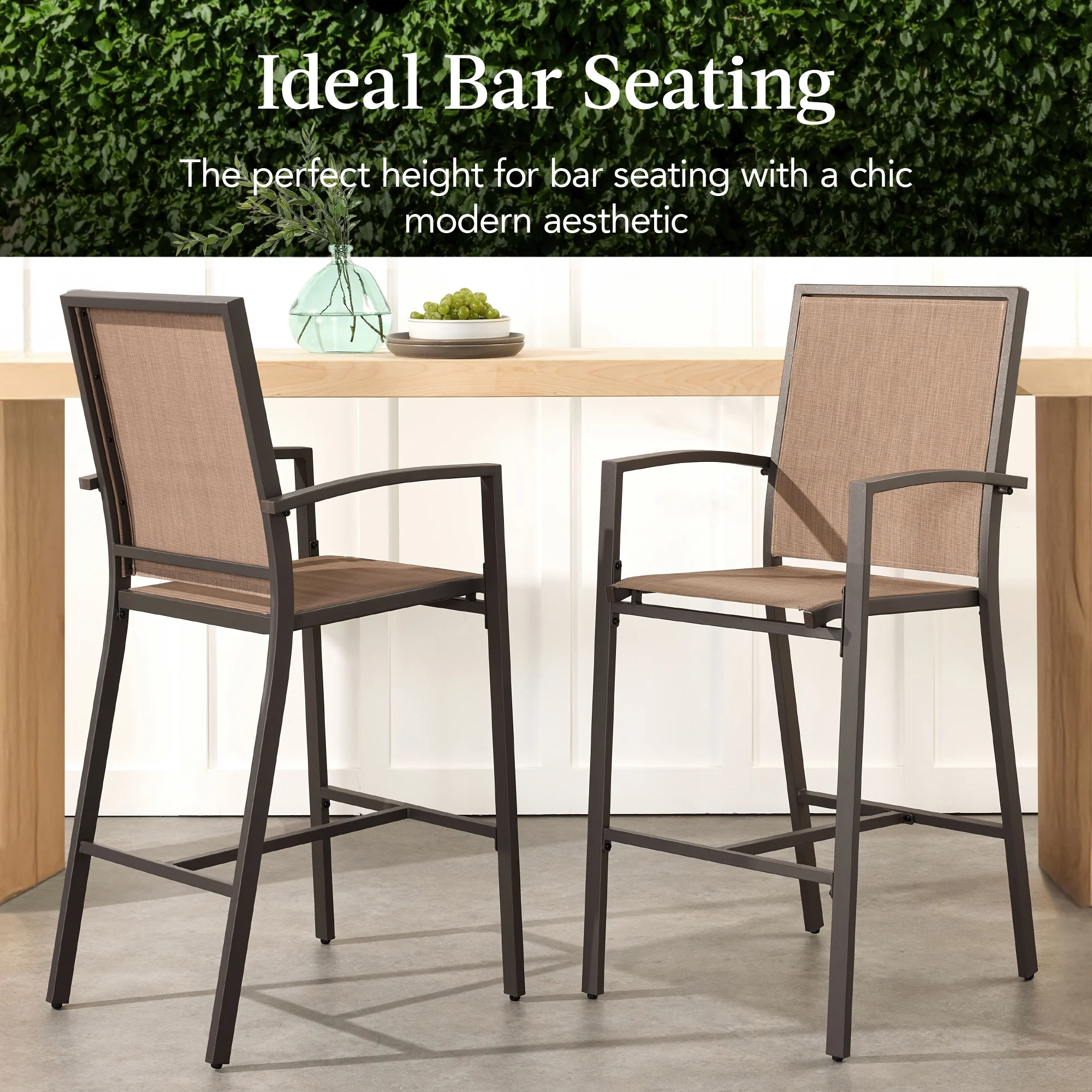 Best Choice Products Outdoor Barstools Set of 2, Bar Height Patio Chairs w/ All-Weather Mesh - Black/Black - Image 30