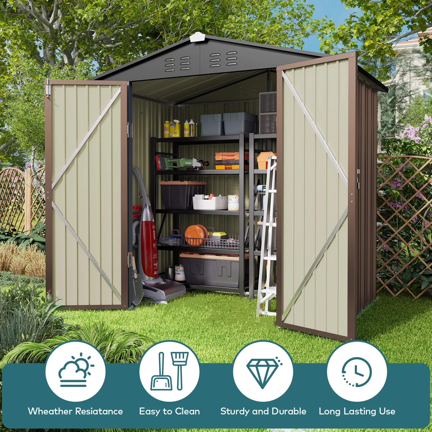 5'x3' Outdoor Storage Shed, Asofer Shed and Outdoor Storage Clearance, Weatherproof Tool Shed, Brown - Image 17