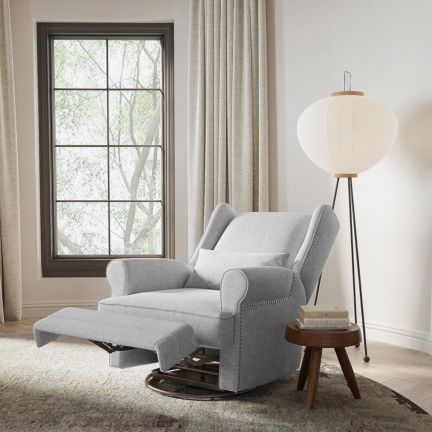 Royalcraft Swivel Nursery Glider Recliner, Comfy Upholstered Glider Chair with Lumbar Pillow and Footrest, Beige - Image 37
