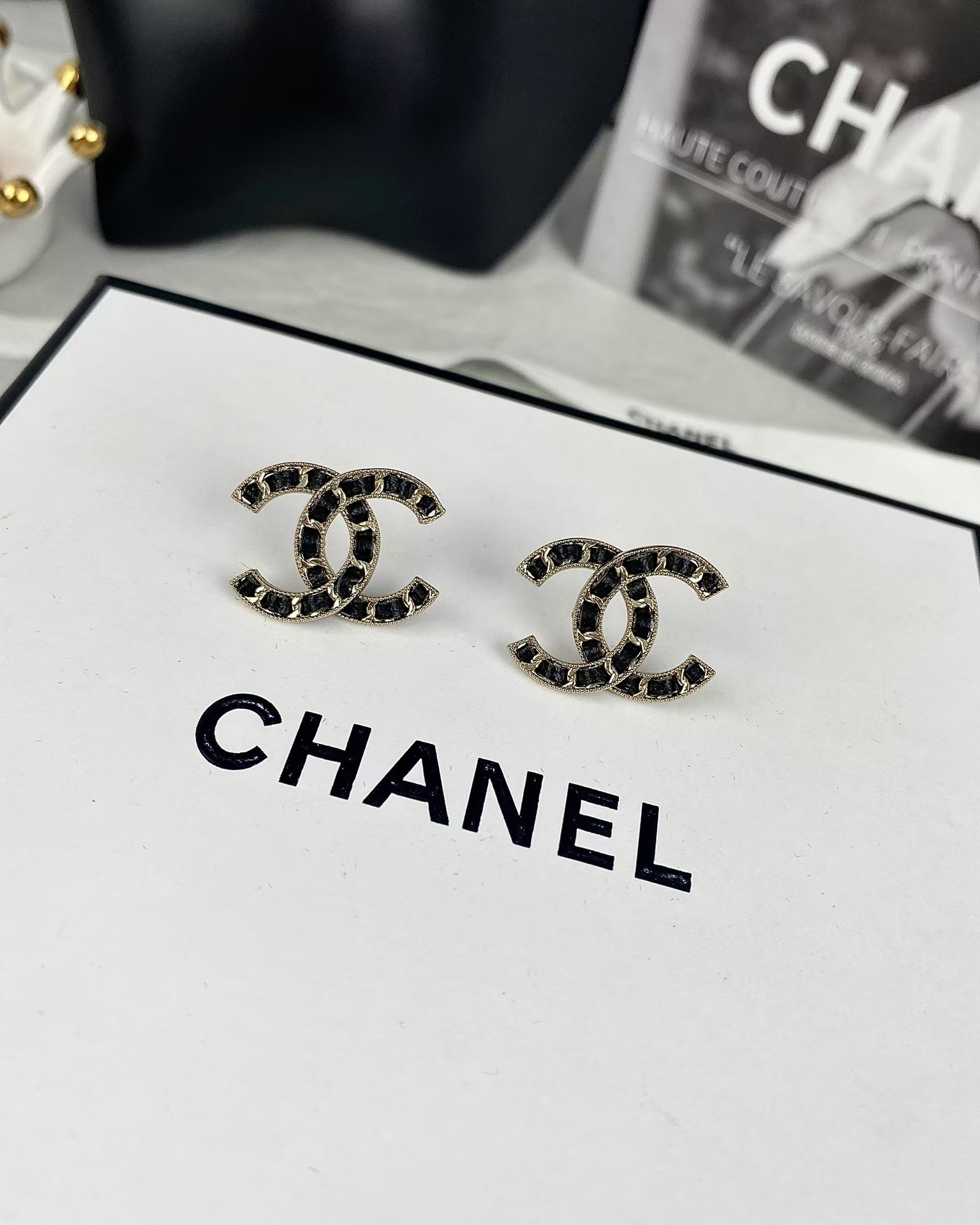 Chanel Light Gold & Black Leather Double C Earrings - Original Replica Club