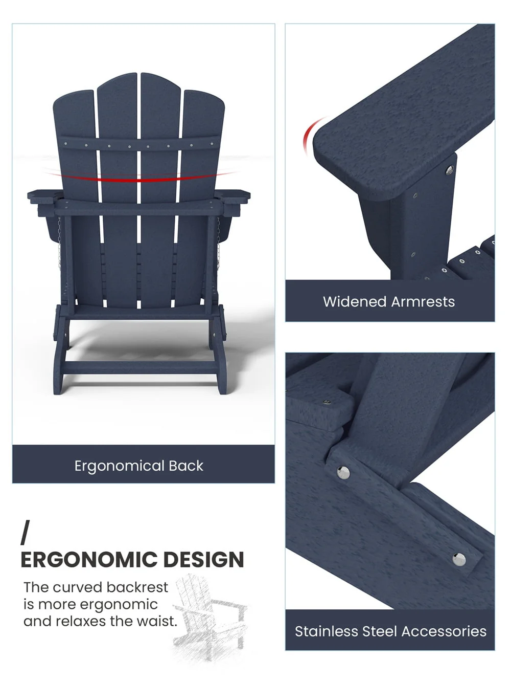 VOUA Folding Adirondack Chair Resin Outdoor Patio Furniture, Blue - Image 3