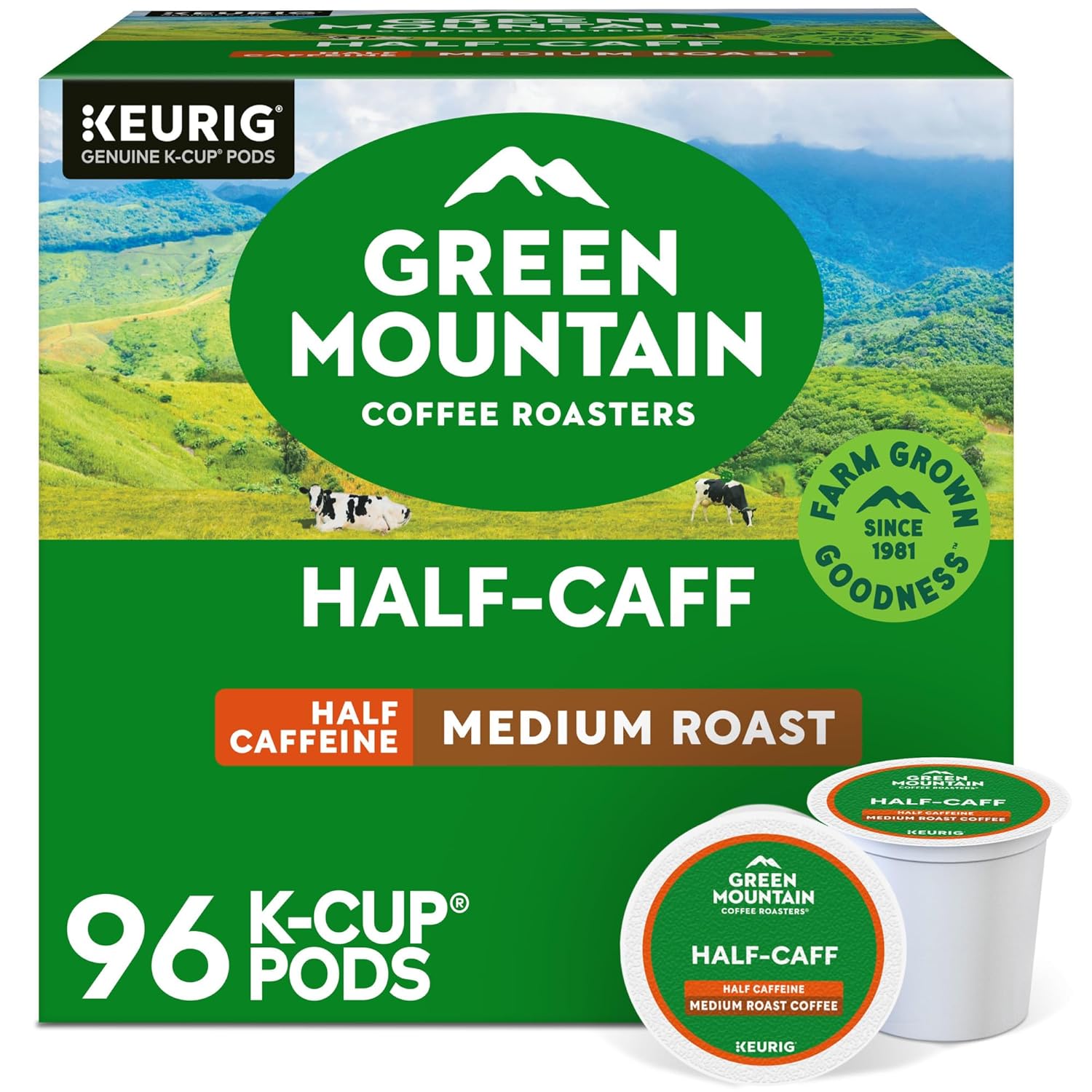Green Mountain Coffee Roasters Half Caff Coffee. Keurig Single-Serve K-Cup pods. Medium Roast. 96 Count
