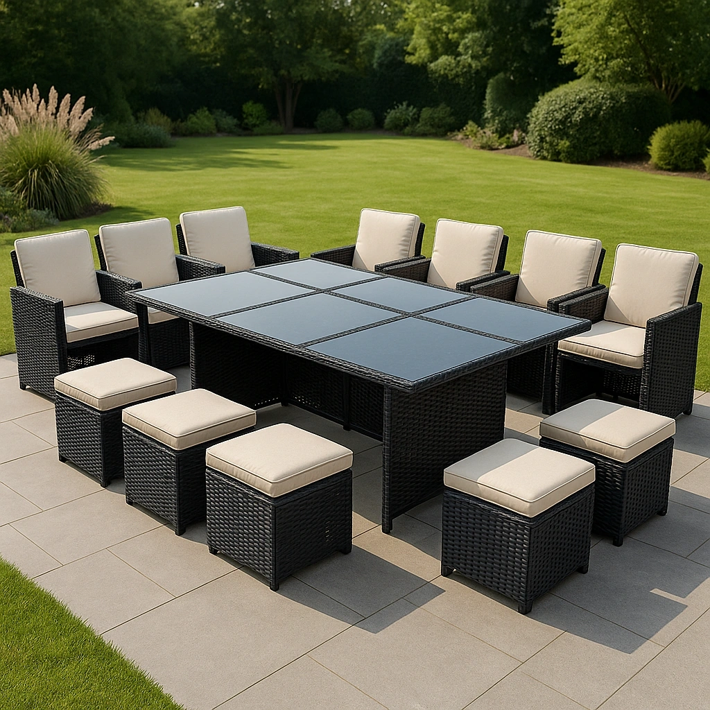 Conjunto comedor exterior + mesa rectangular con sillones y taburetes + negro/beige + ratán PE + exterior/interior - PZDrnhZ440tk