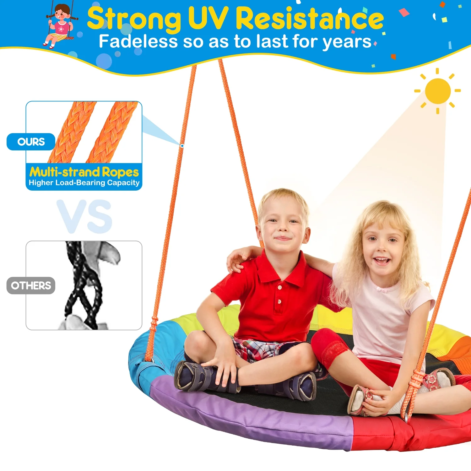 GIKPAL Swing Sets for Outside 440lbs Swing Set for 2-3 Kids Outdoor with Heavy-Duty Metal Frame & Adjustable Ropes Round Swing, Rainbow - Image 7