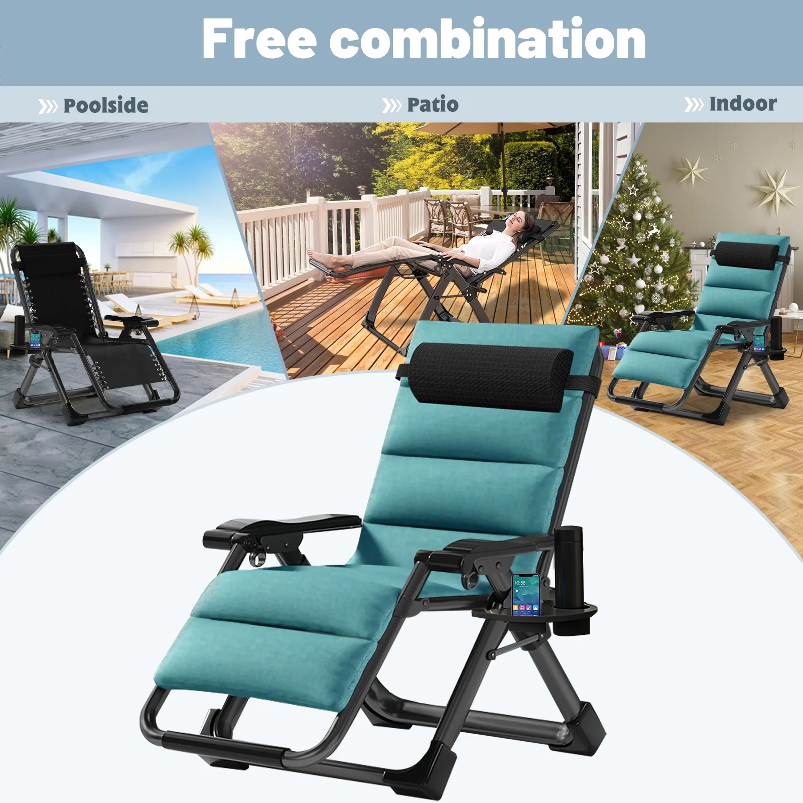 NAIZEA Outdoor Zero Gravity Chair Camping Recliner Lawn Recliner, Reclining Patio Lounger Chair, Folding Portable Chaise with Detachable Soft Cushion, Cup Holder, Headrest - Image 18