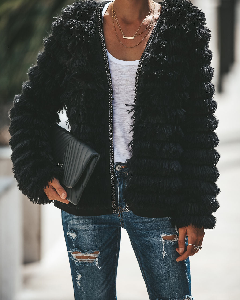 Revolution Chain Detailed Shag Jacket - Se7enfashion