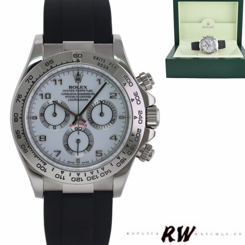 Rolex Daytona 116519 white Arabic dial Black Rubber strap 40mm Mens Replica Watch