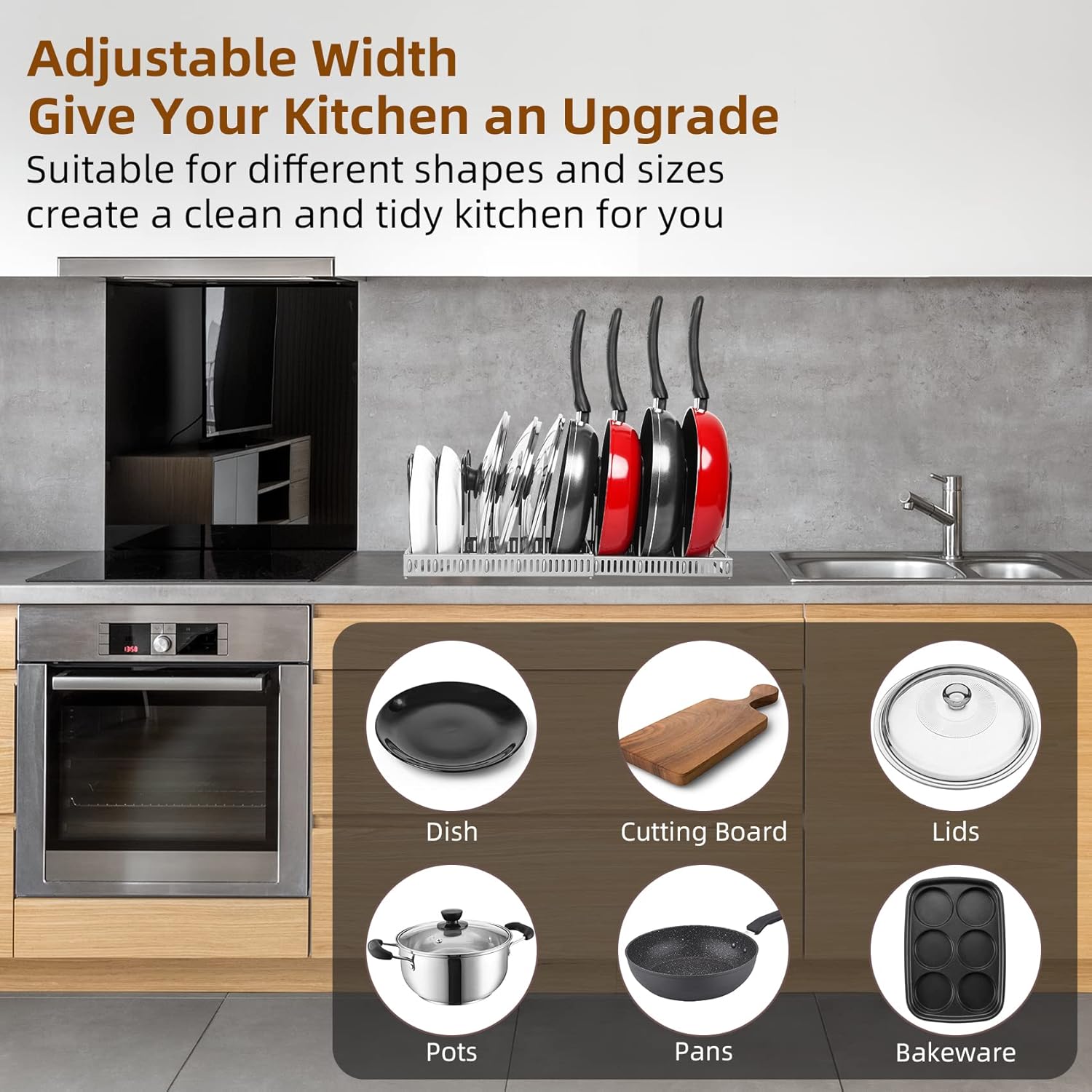 ROOHUA Pot Rack Organizer -Expandable Pot and Pan Organizer for Cabinet,Pot Lid Organizer Holder with 10 Adjustable Compartment for Kitchen Cabinet Cookware Baking Frying Rack Grey
