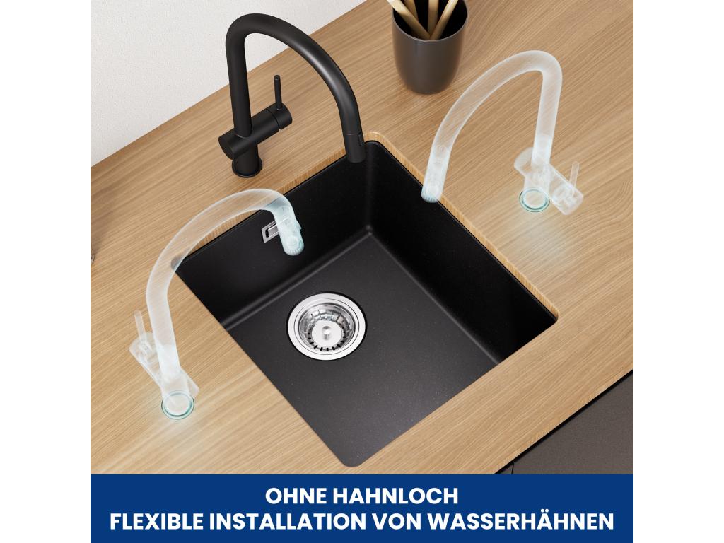 Fregadero de 1 cubeta de cuarzo y resina, 3 opciones de montaje, 40*44*20cm + Mezclador de cocina plegable negro