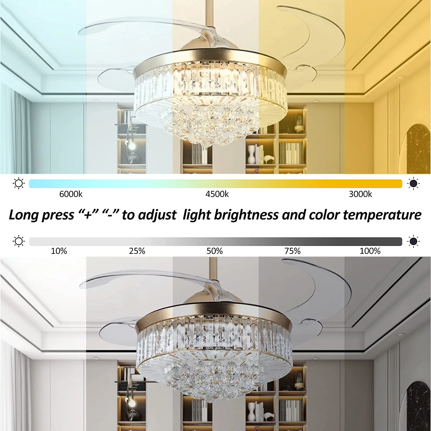 Datingday 42 Inch Crystal Ceiling Fan Golden Crystal Ceiling Fan Chandelier with Remote 6 Speeds 3 Colors Changes Lighting Fixture, 4 Blades Retractable Fans for Bedroom Living Room Dining Room - Image 8