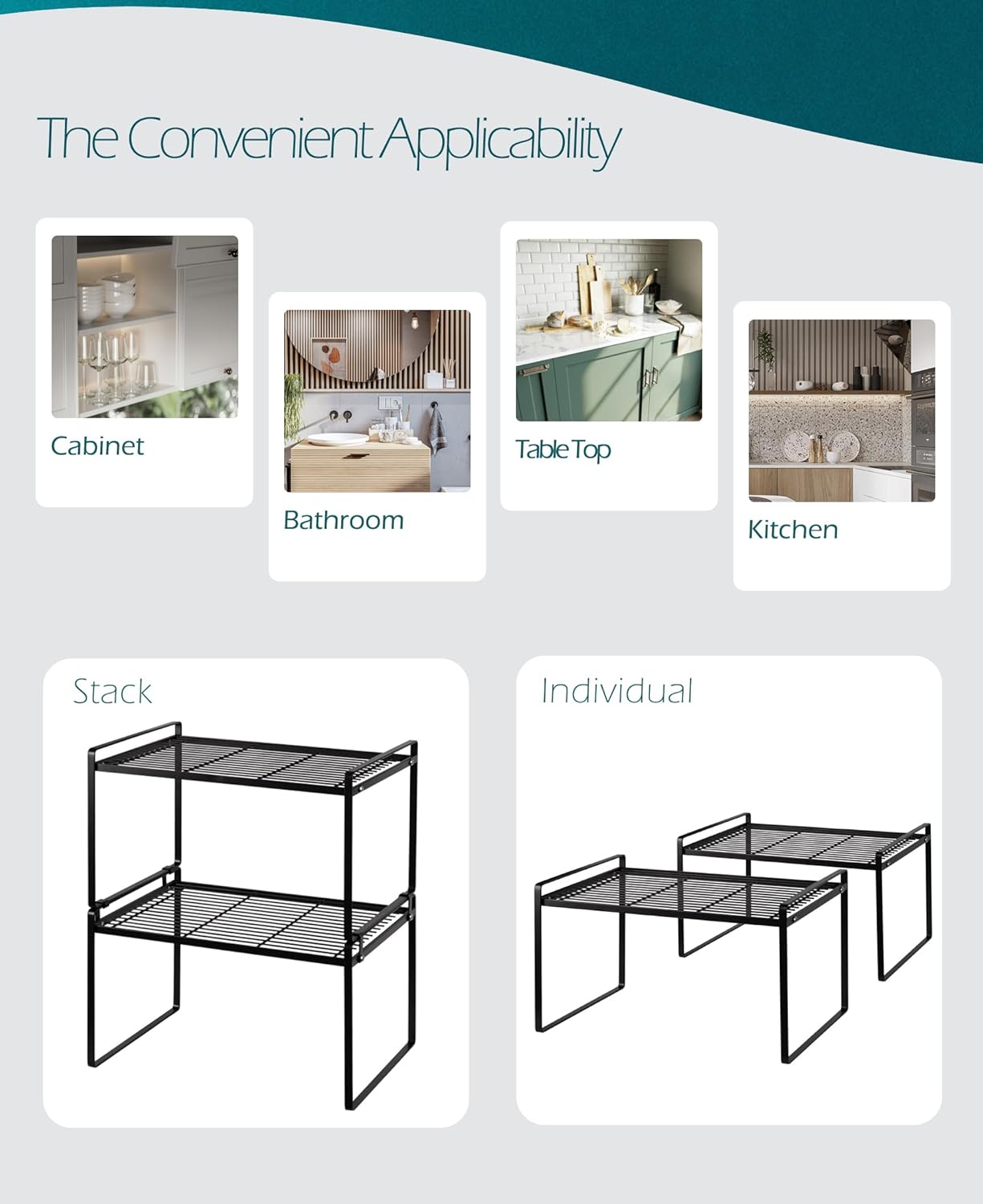 Shantton 2Pack Kitchen Cabinet Shelf Counter Organizer Rack Pantry Storage Bathroom Bedroom Office Table Desk Space Saving Stackable Rust Resistant Non Slip Black Tall Wide L16.1in W10.6in H9.5in