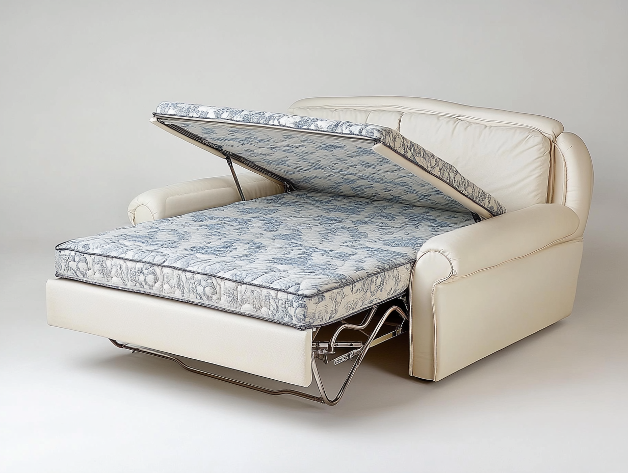Sofá cama de piel beige moderno para sala de estar estilo contemporáneo funcional confortable