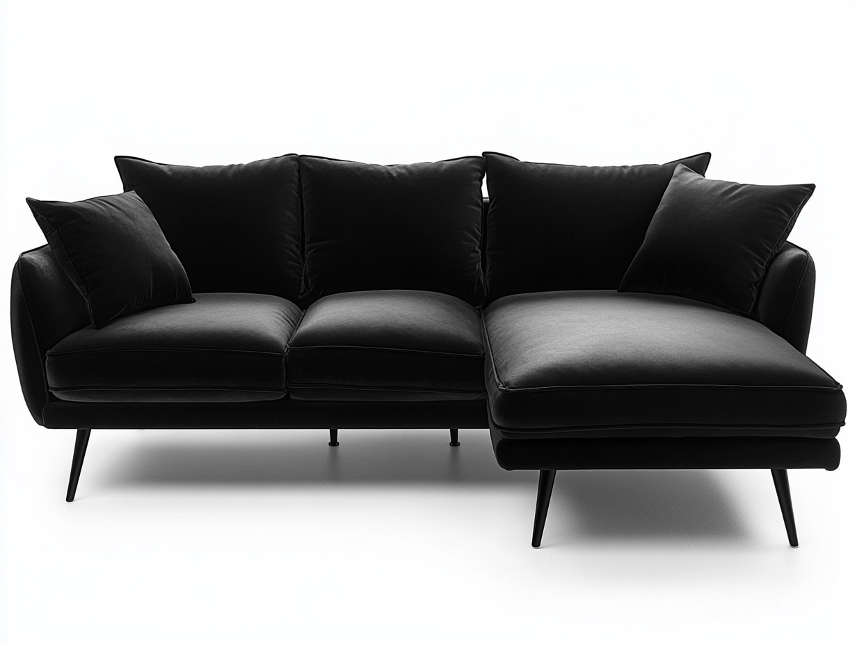 Sofá Esquinero Tapizado Terciopelo Negro Estructura Metal 240x150 cm