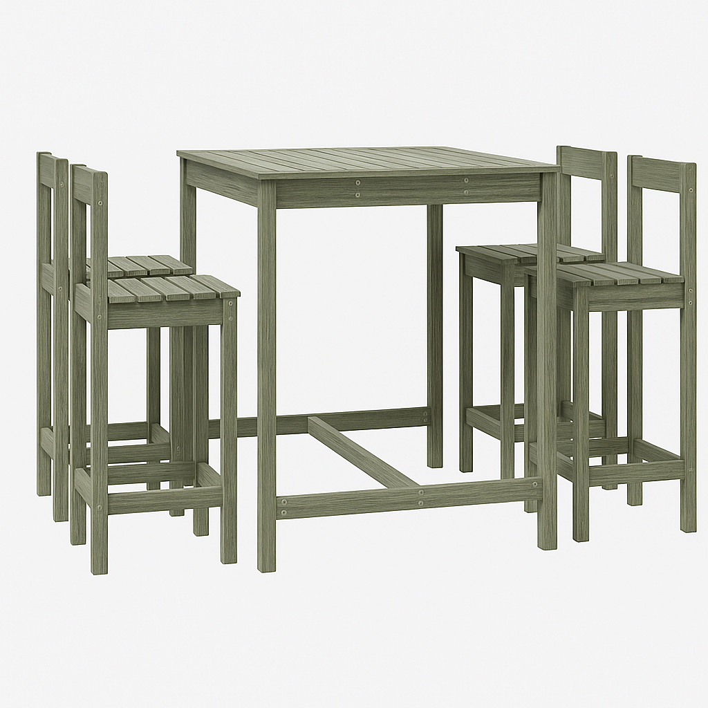Bar de jardín con mesa alta de comedor y 4 taburetes de madera, verde
