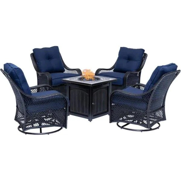 💥Clearance Sale🔥5-Piece Steel Patio Fire Pit Conversation Set with Navy Blue Cushions, Swivel Gliders and Square Fire Pit Table