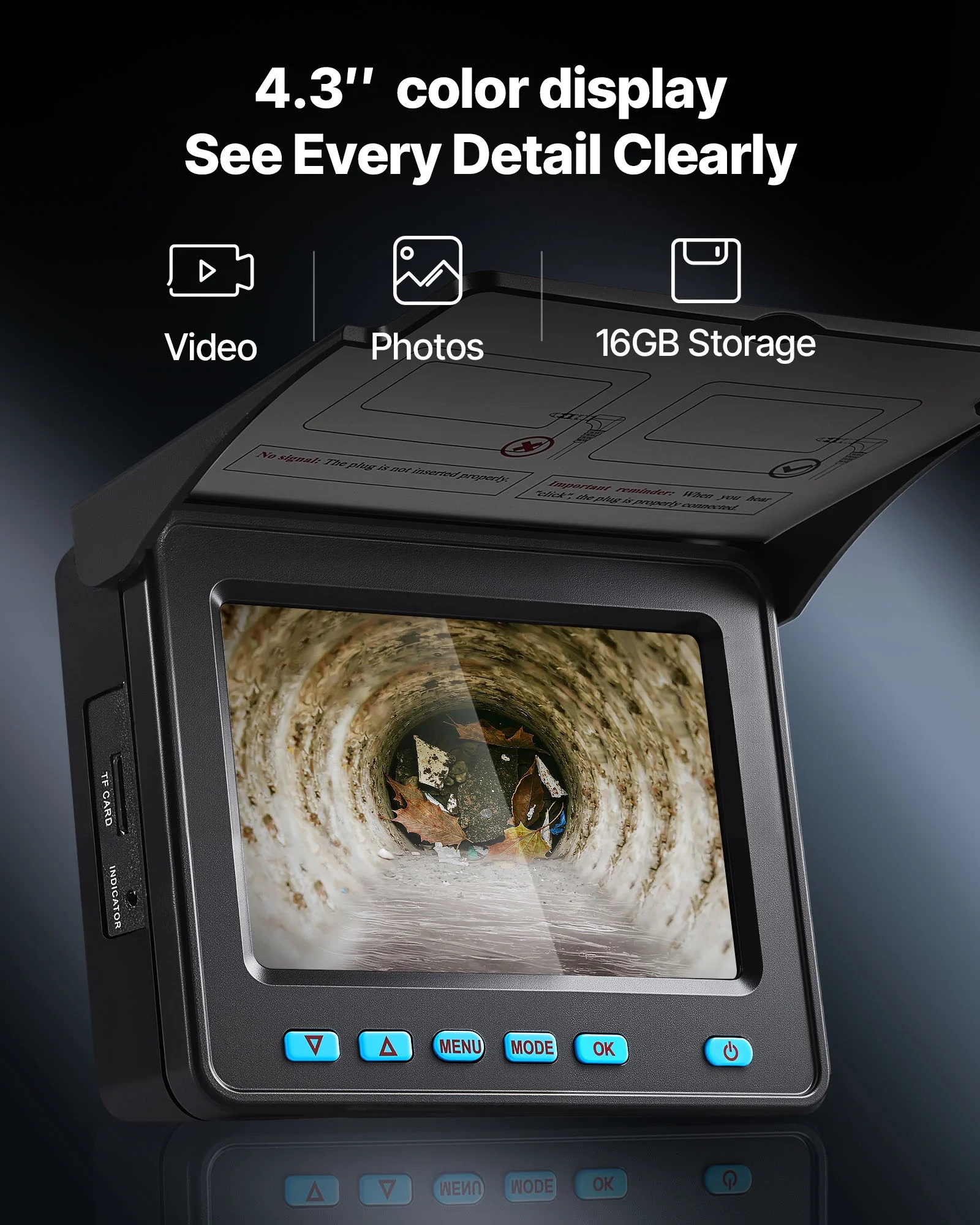 VEVOR Sewer Camera, 164 ft/50m, 4.3" Drain Inspection Camera, IP68 Waterproof Snake Plumbing Camera with Lights - 6 Adjustable LEDs, 4500mAh Battery & 16GB Card for Sewer Line Duct Pipes - Image 2
