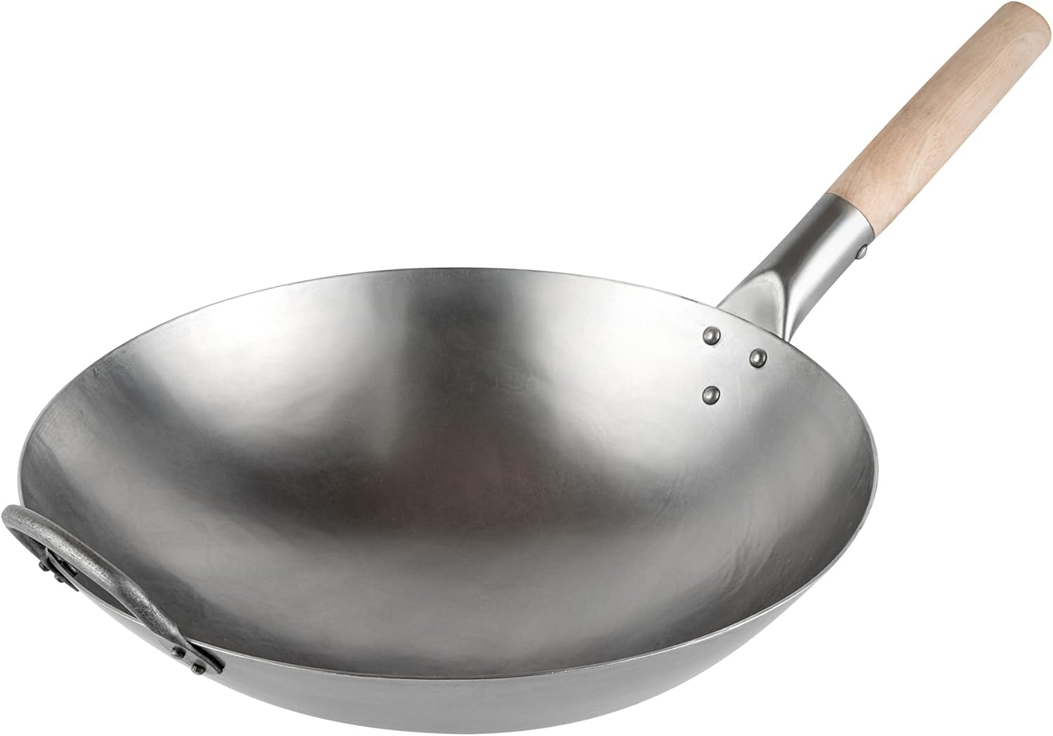 Restaurantware Carbon Steel Wok 1 Pack of 14 Inch Heavy-Duty Stir Fry Pan Silver Hand Hammered Wok Efficient Maneuvering Steel Helper Handle Uniform Heat Distribution Asian Cooking