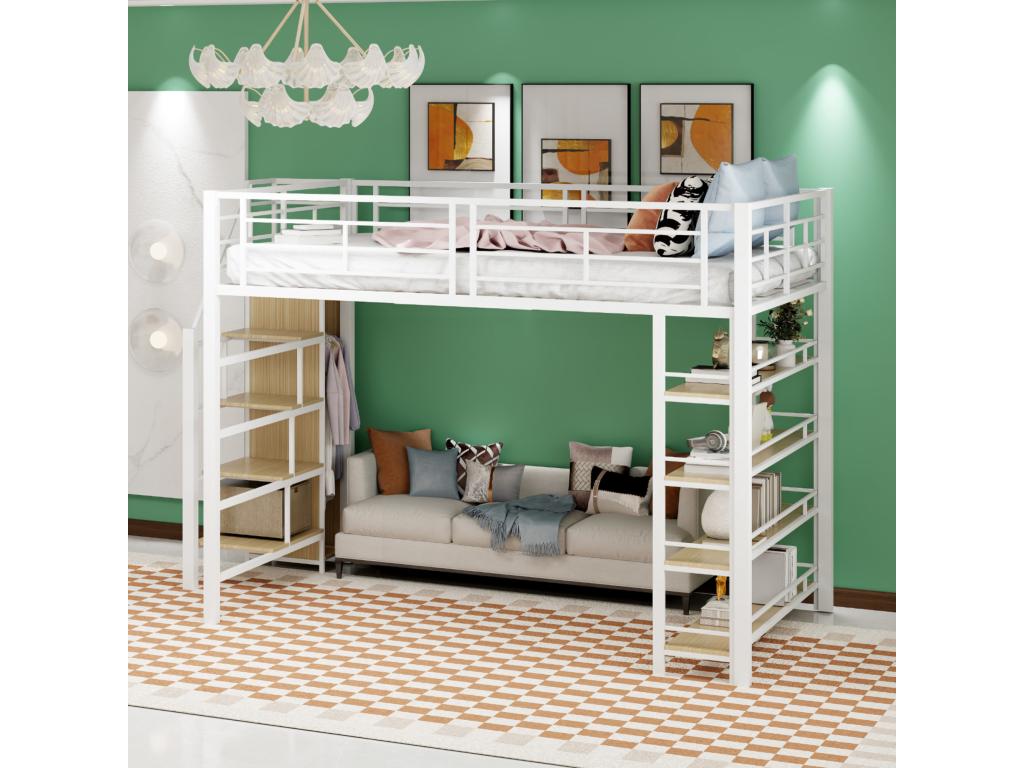 Cama Nestleare 140 x 200 cm con estantes y armario pequeño - estructura de metal - blanco