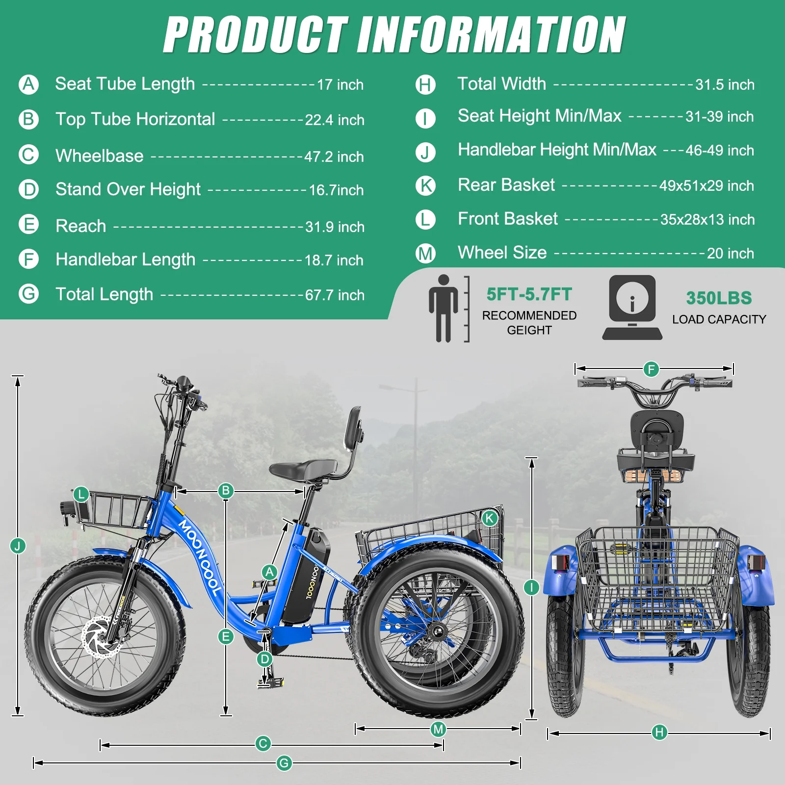 20" x 4" Fat Tire Electric Tricycle for Adult, 7 Speeds Electric Trike 48V 500W Motorized Tricycle , Electric Three Wheels Bicycle for Senior, Aluminum Frame & Rear Basket ,16mph - Image 6
