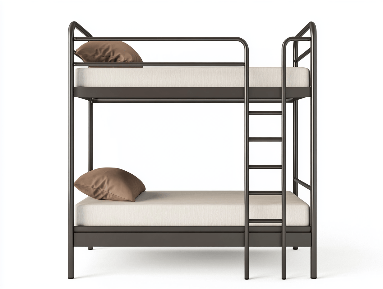 Litera de metal gris con diseño minimalista y escalera frontal integrada