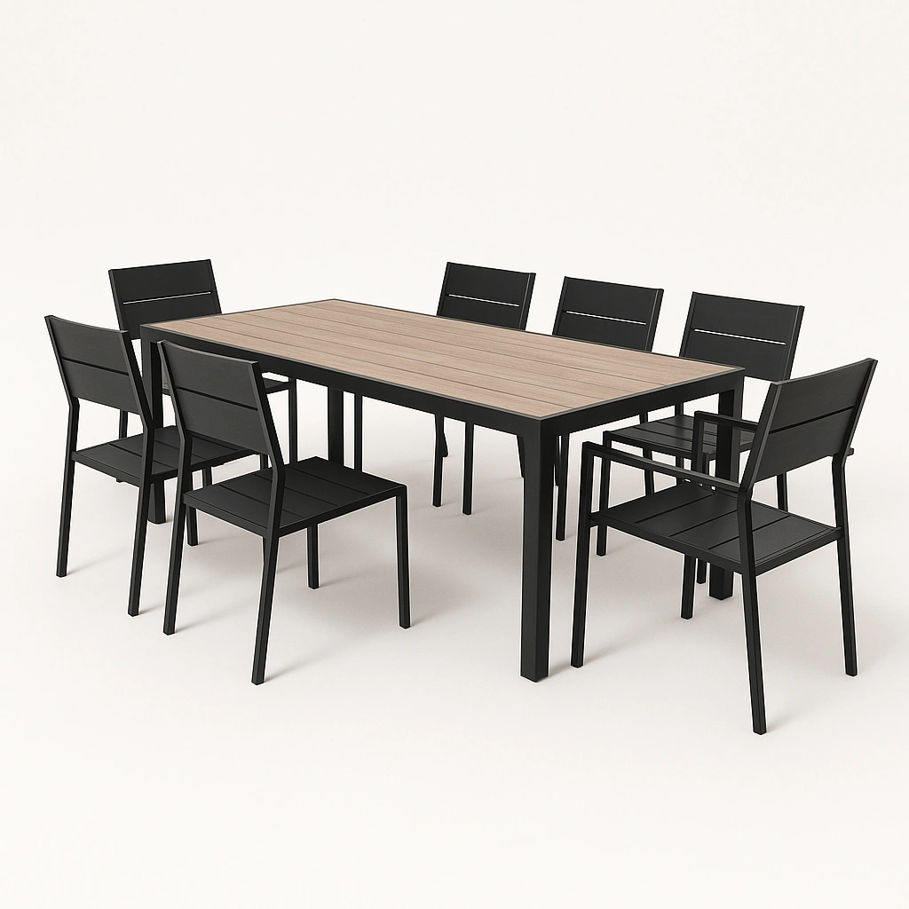 Conjunto de comedor de jardín con mesa y sillas negras