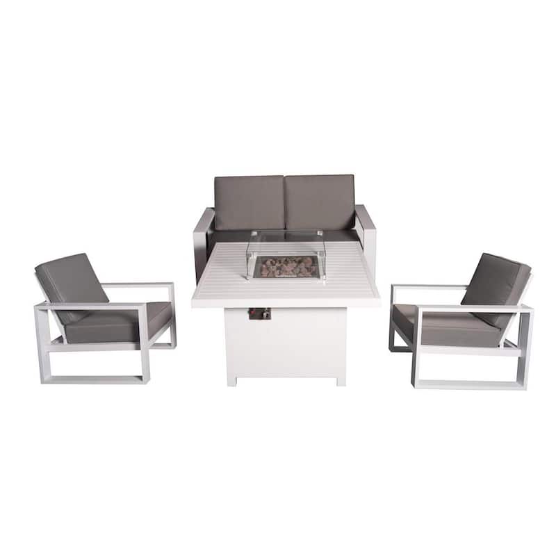 Conjunto de muebles para terraza de aluminio con mesa de fuego blanca de 41.34 in. y cojines grises – 2 sillones y 1 sofá na2378951