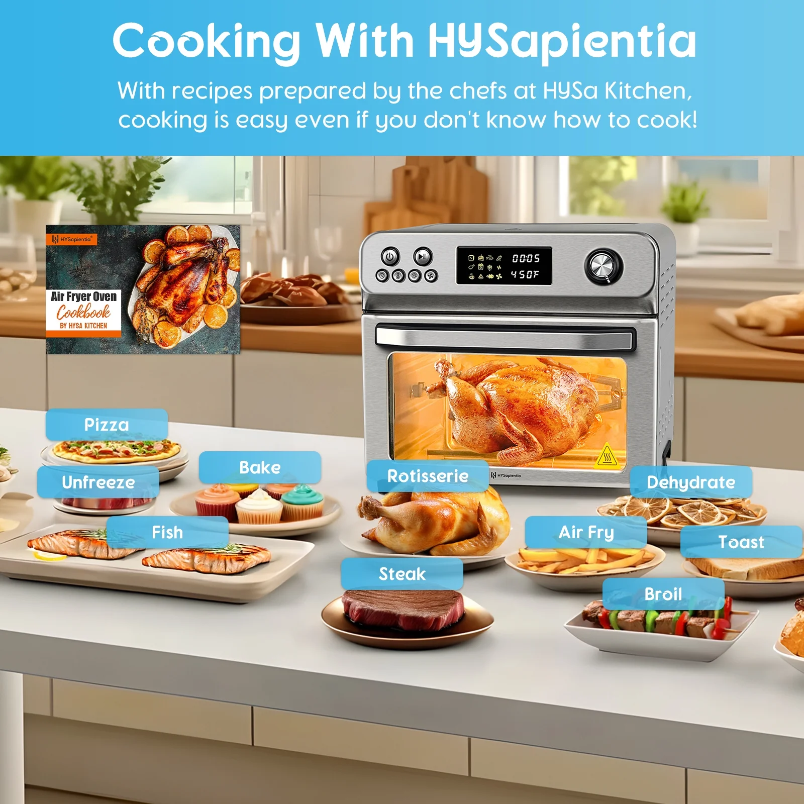 HYSapientia 26QT Air Fryer Oven With Rotisserie 1800W Toaster Oven Air Fryer Combo, 10 in 1 Convection Oven Countertop, Airfryer Toaster Oven, Mini Toaster Oven,Stainless Steel Outer - Image 10