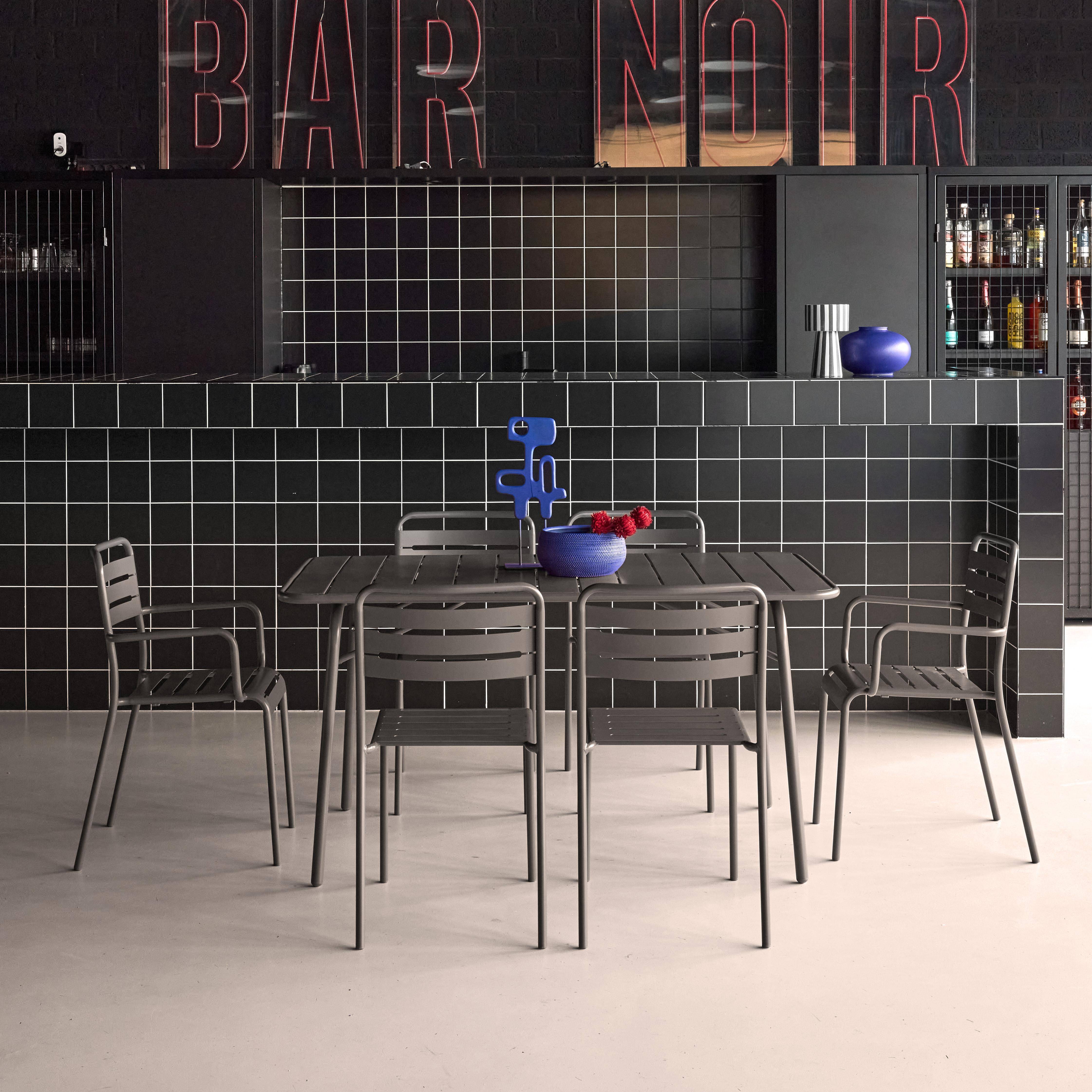 Amelia - Set mesa de jardín bistró plegable de acero con 2 sillones y 4 sillas, 140cm