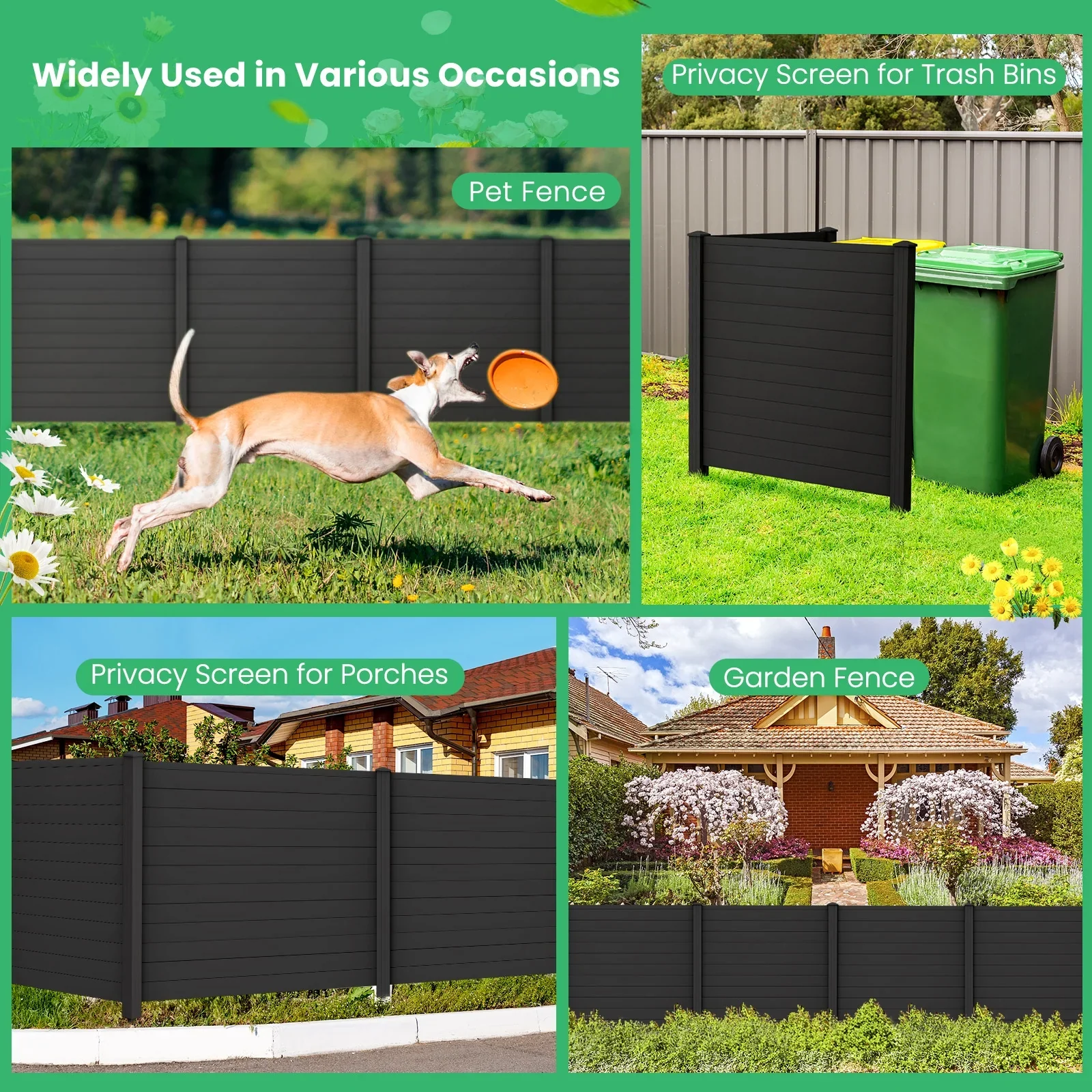 Gymax Outdoor PVC Privacy Panels 2 - Pack Picket Fence W/ 3 Cuspidal Foot Stakes Black