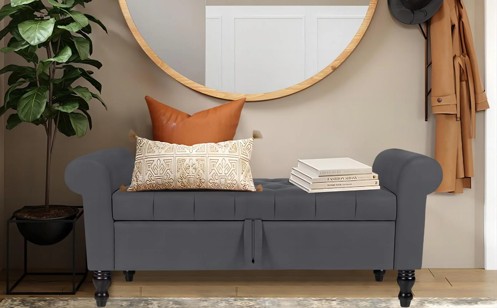 Storage Bench with Upholstered Rolled Arm Ottoman Bench Couch w/ Solid Wood Legs for Bedroom End of Bed,and Living room,Gray - Image 8