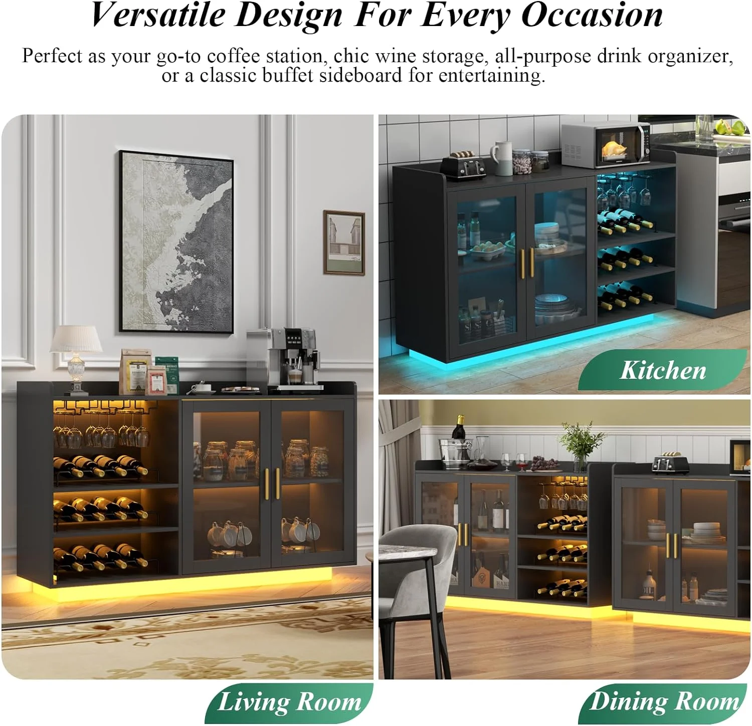 Wine Bar Cabinet with LED Lights, Floating Coffee Bar with Glass Rack and Removable Wine Racks, Modern Buffet Sideboard with Storage Shelves, Kithchen Bar with Glass Cabinet Doors - Image 7