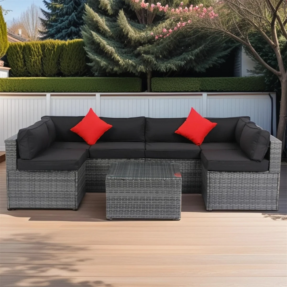 7 Piece Patio Furniture Sets Outdoor Sectional PE Rattan Outdoor Furniture Patio Conversation Set with Cushions and Glass Coffee Table, for Balcony Lawn and Garden, Gray - Image 2