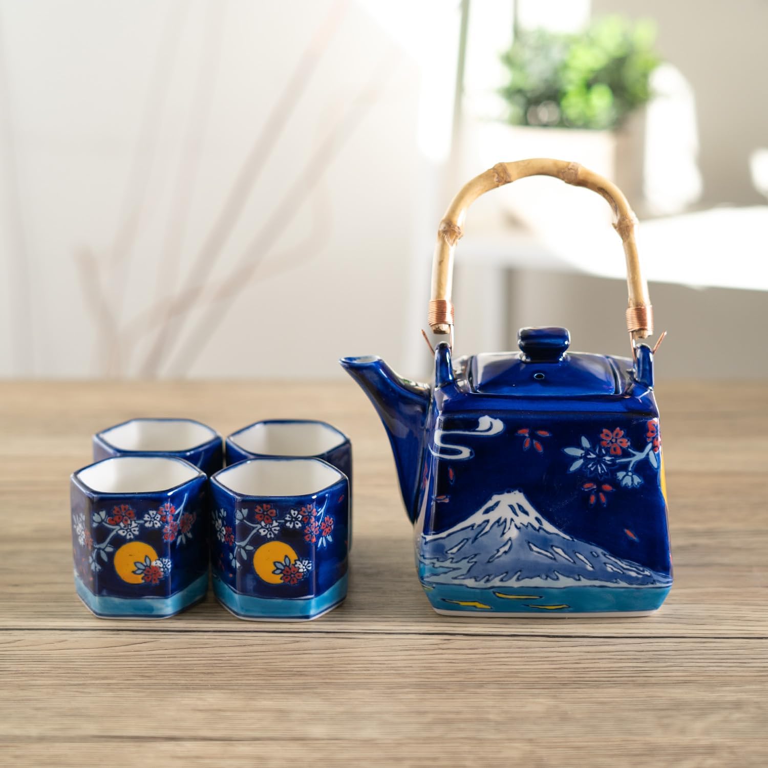 Urban Tokyo Japanese Style Cube Shape 20oz Porcelain Tea Set Teapot with Strainer, Wooden Handle and 4 Hexagon Tea Cups, Fujiyama Mount Fuji Design