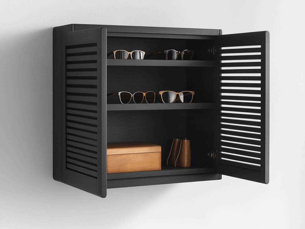Armario de pared madera negra con puertas de lamas 3 estantes 50x25x60cm