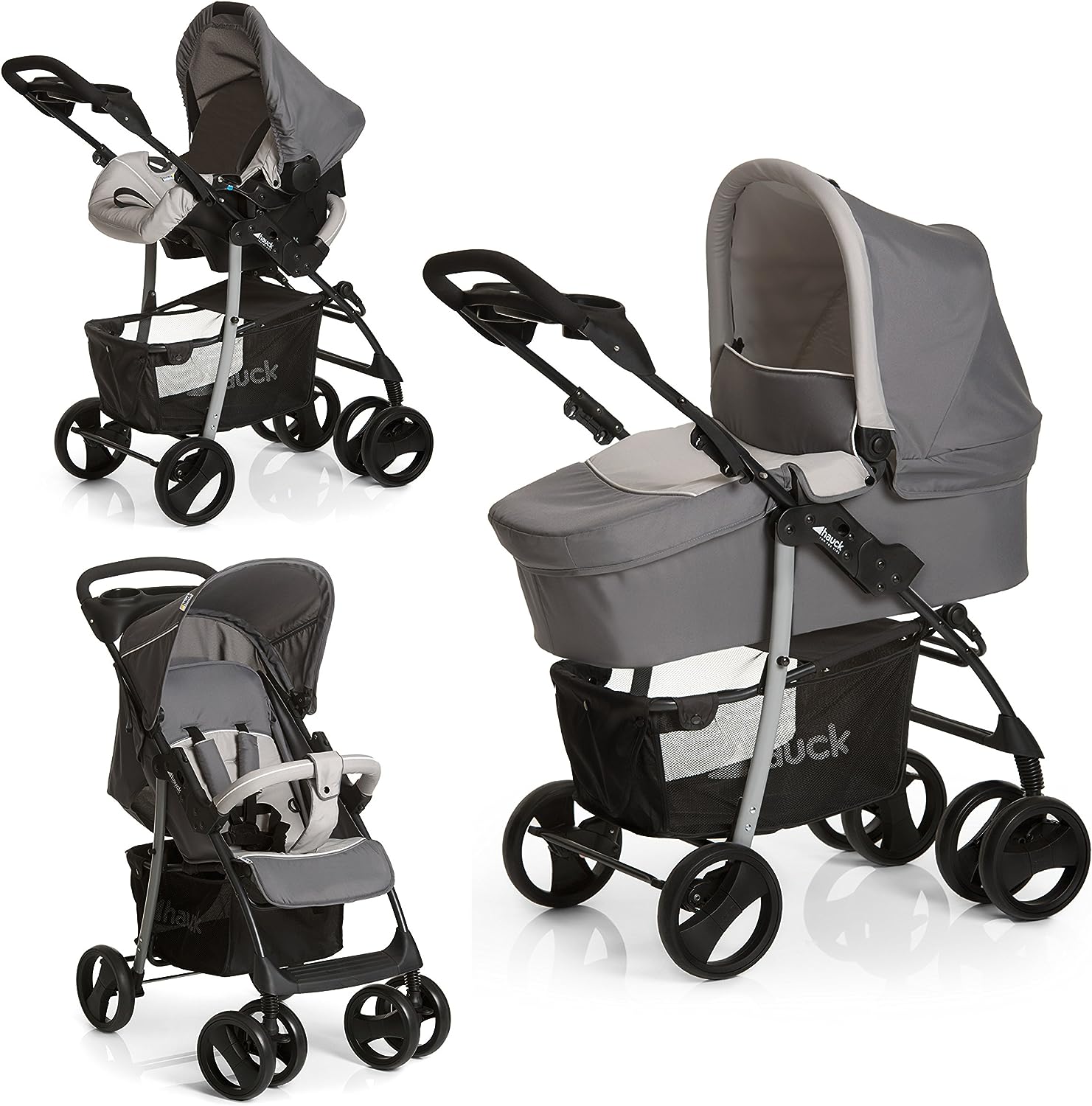 Hauck Shopper SLX Trioset Carrito Bebe 3 en 1, desde el Nacimiento hasta 25 kg, Capazo, Coche de Bebe, Silla Auto grupo 0+, Silla de paseo, Plegable, Compacto, Ruedas Giratorias, Gris