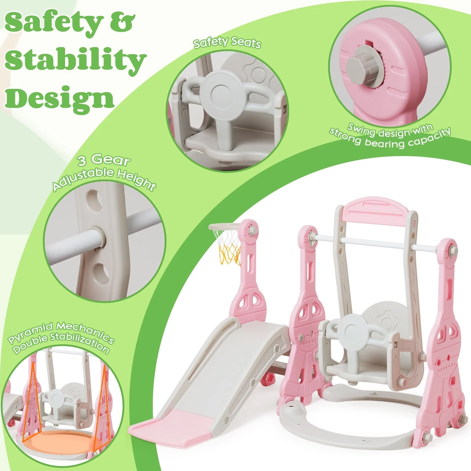 Ealing 4 in 1 Slide and Swing Set for Toddler Indoor and Outdoor Baby Slide Climber Playset with Basketball Hoop & Backyard Playground Swing Slide for Boys and Girl Slide length: 11.02' L Pink - Image 3