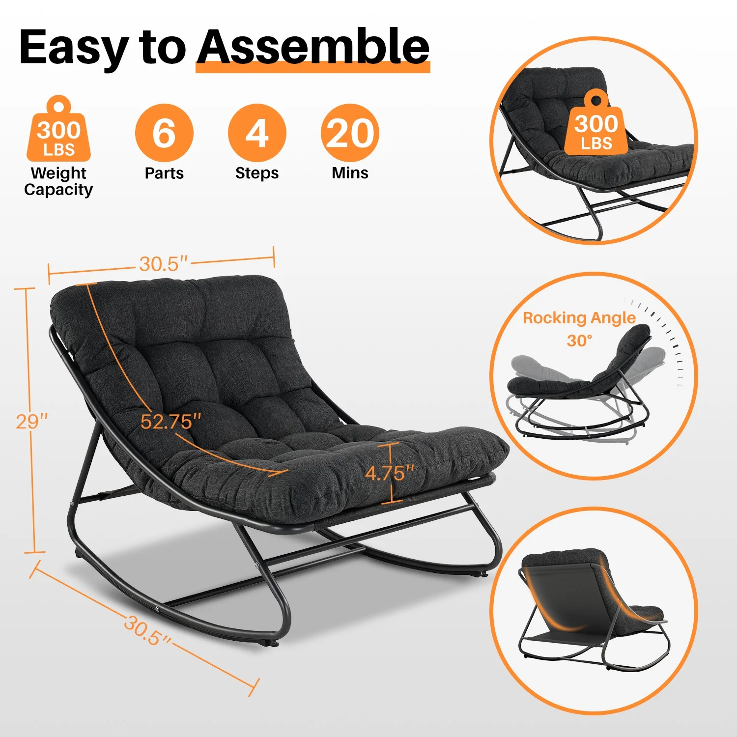 Outdoor Rocking Chair, Indoor Oversized Comfy Reading Chairs Set with Cushion, Patio Rocker Recliner Chair, Grey - Image 5