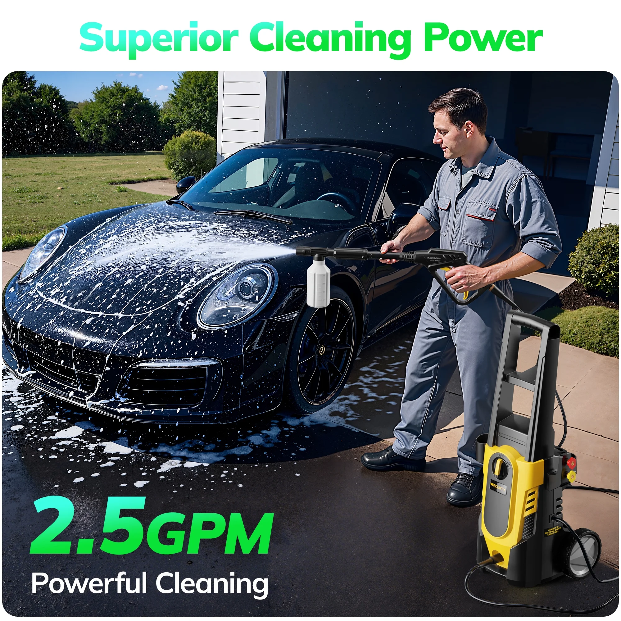 VECUKTY Electric Pressure Washer,3700 PSI Max 2.5 GPM Power Washer with 35FT Cord,20FT Hose,4 Quick Nozzles,Foam Cannon for Car Garden Patio - Image 2