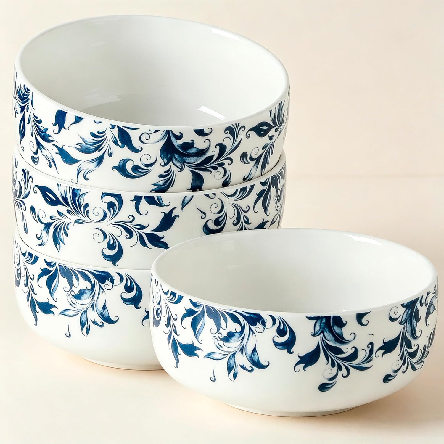 Large Soup Bowls Set of 4, Ceramic Serving Bowl Japanese, Cereal Bowls for Breakfast, Blue and White bowl for Raman Oatmeal Salad Rice Pho, Microwave & Dishwasher Safe