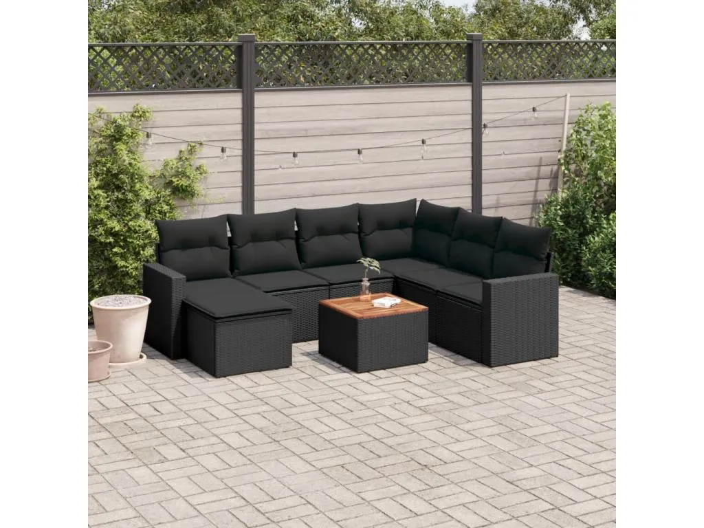 Set de sofás de jardín 8 piezas y cojines ratán sintético negro japu04185
