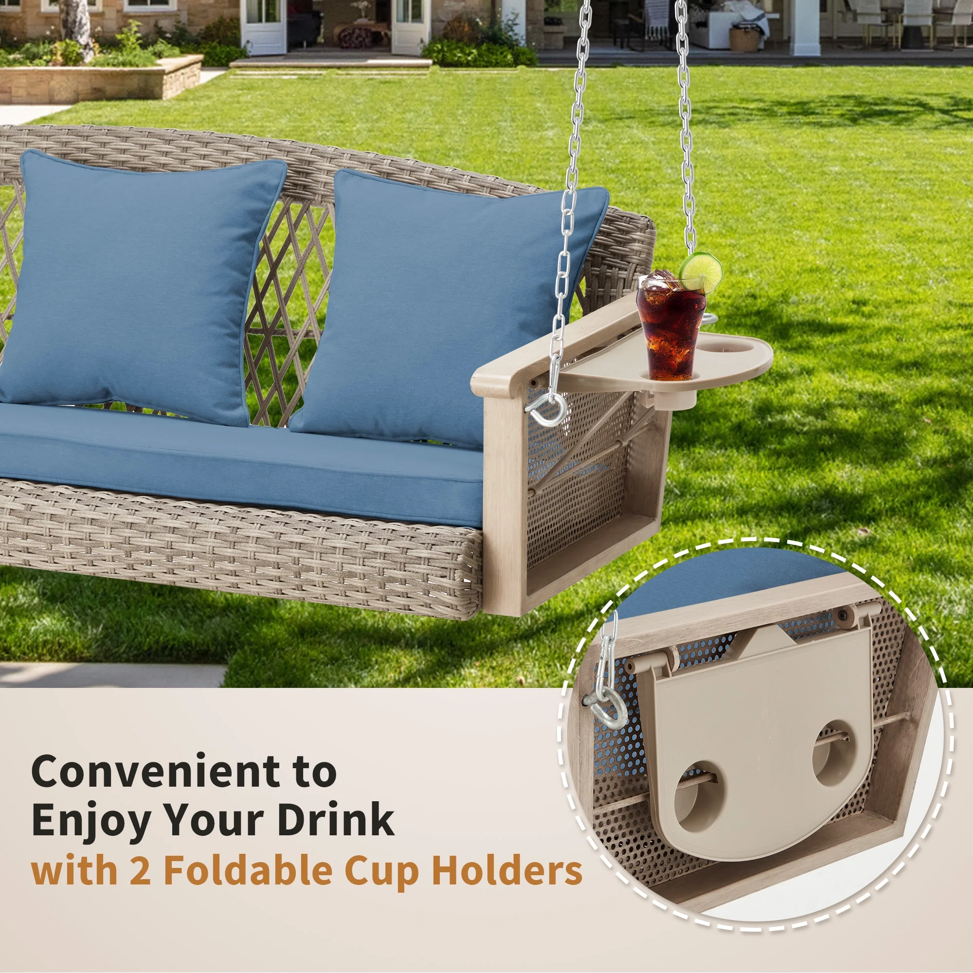 Homrest 3-Person Porch Swing 55in Wicker Hanging Swing Bench with Cushions and Cupholders for Deck, Garden and Backyard, Beige - Image 51