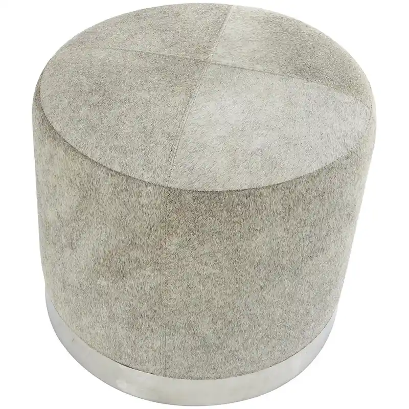 Gray Leather Patchwork Living Room Stool with Silver Metal Base - Roche River Decor