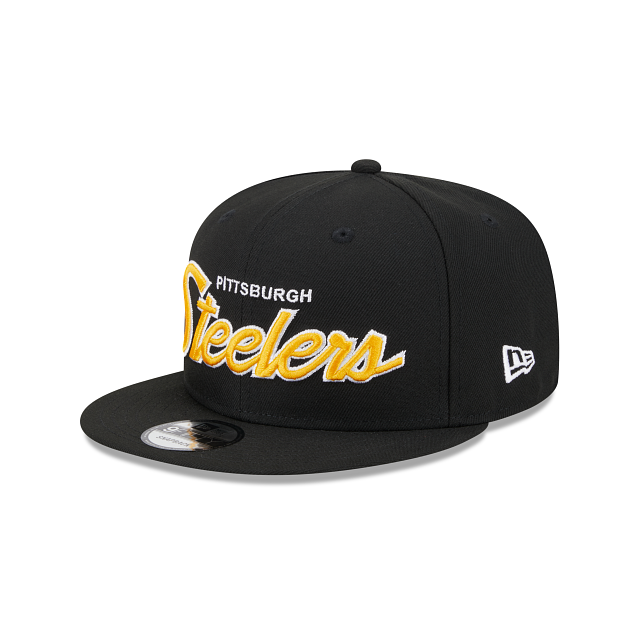 Left-angled view of the Pittsburgh Steelers Evergreen Script Snapback Hat displaying the embroidered white New Era flag logo