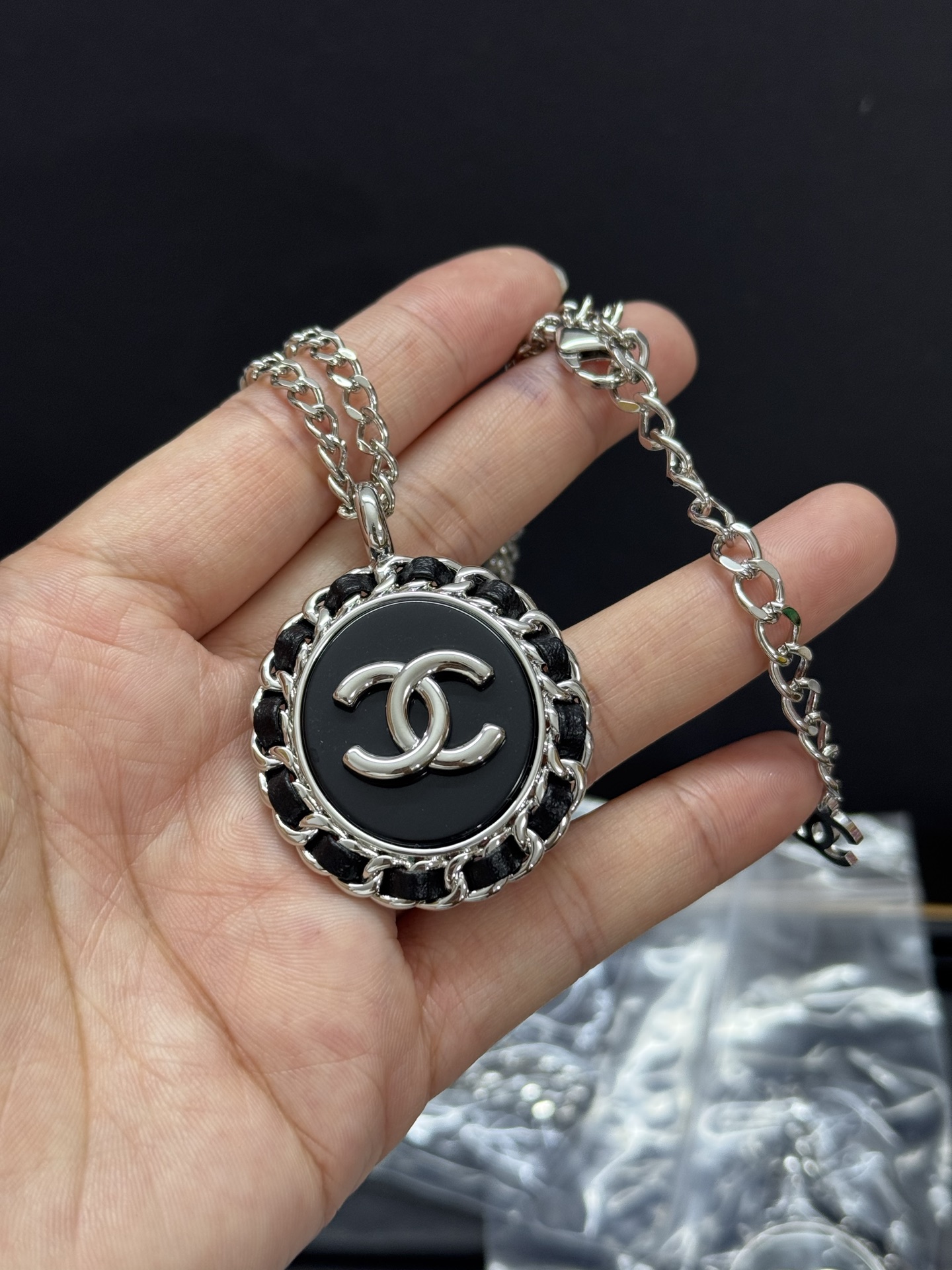 Chanel Large Leather Wrap Black Enamel Oval Pendant Necklace - Original Replica Club