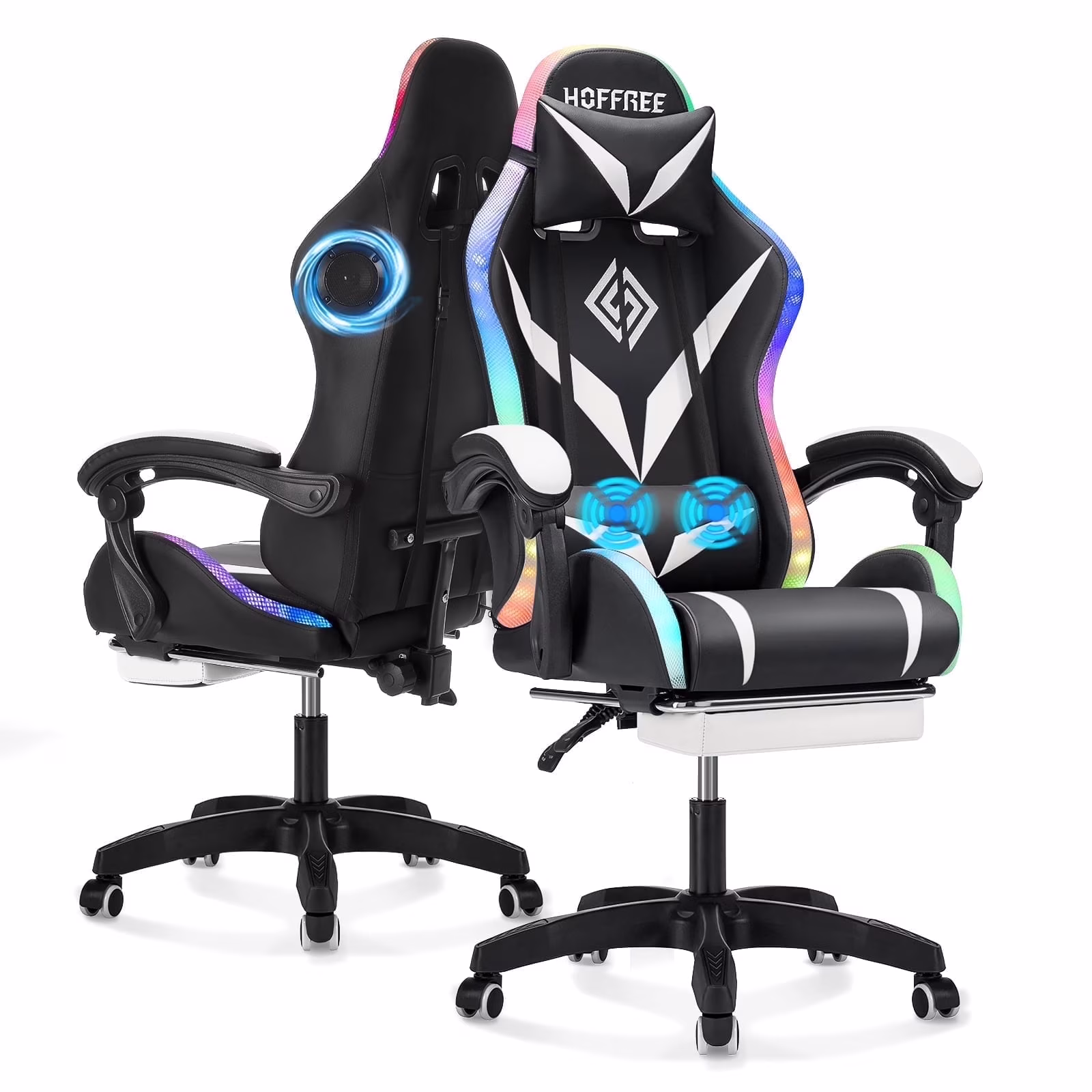 Hoffree Gaming Chair with Speakers PU Leather Office Chair with Footrest and LED Lights Ergonomic Gamer Chair with Massage Lumbar Support and Headrest Adjustable Swivel for Home Office 300lb - Image 15