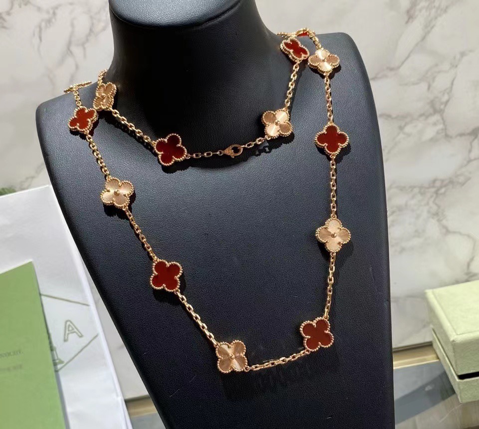 VCA Vintage Alhambra Rose Gold Mixed Carnelian Clover Long Necklace - Original Replica Club