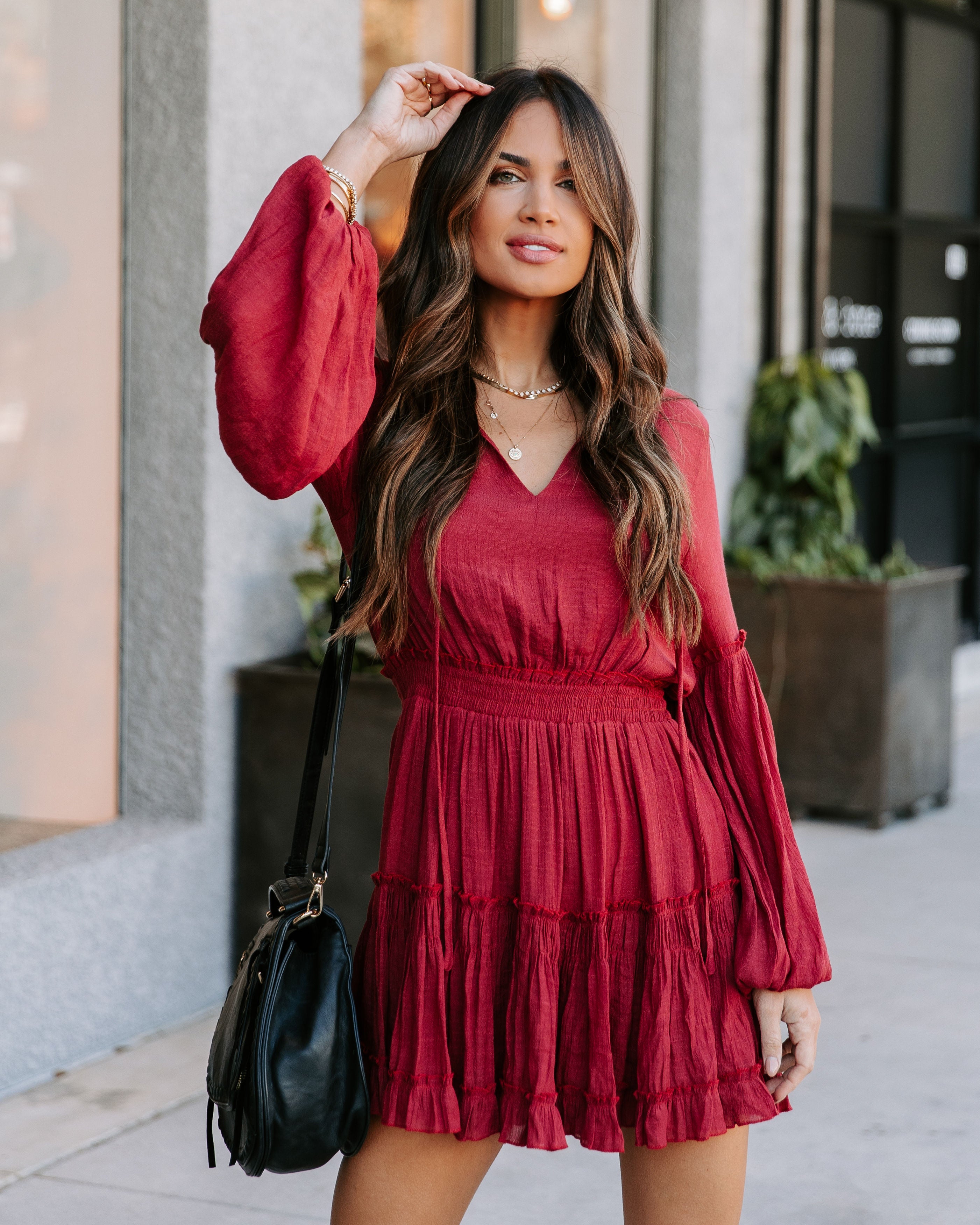 Run Free Babe Tiered Balloon Sleeve Mini Dress - Wine - Se7enfashion