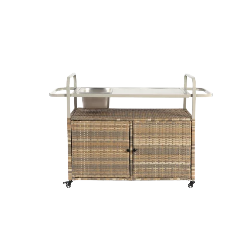 Yiweny Outdoor Rolling Wicker Bar Cart, Large Portable Outdoor Wicker Bar Table with Cabinet Storage and Glass Countertop, Patio Wicker Serving Bar Cart for Pool, Party, Backyard, Black - Image 15