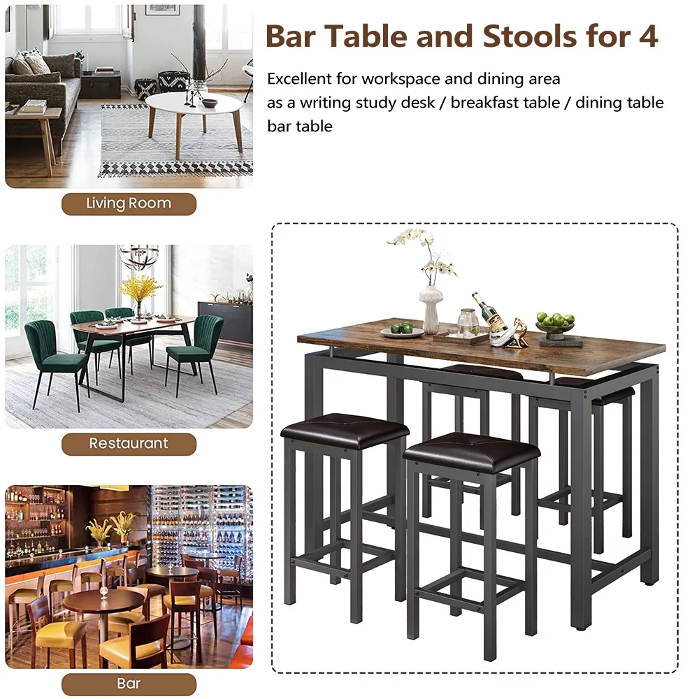 Counter Height Table Set of 5, Breakfast Bar Table and Stool Set, Minimalist Dining Table with Backless Stools, Wood Top Pub Table & Chair Set for Kitchen Apartment Bistro - Space Saving - Image 28