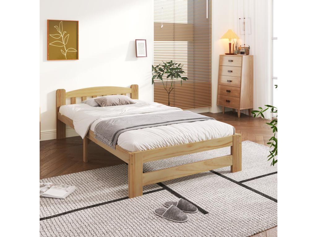 Cama de adulto individual de madera maciza con cabecero y somier de láminas, 90x200 cm